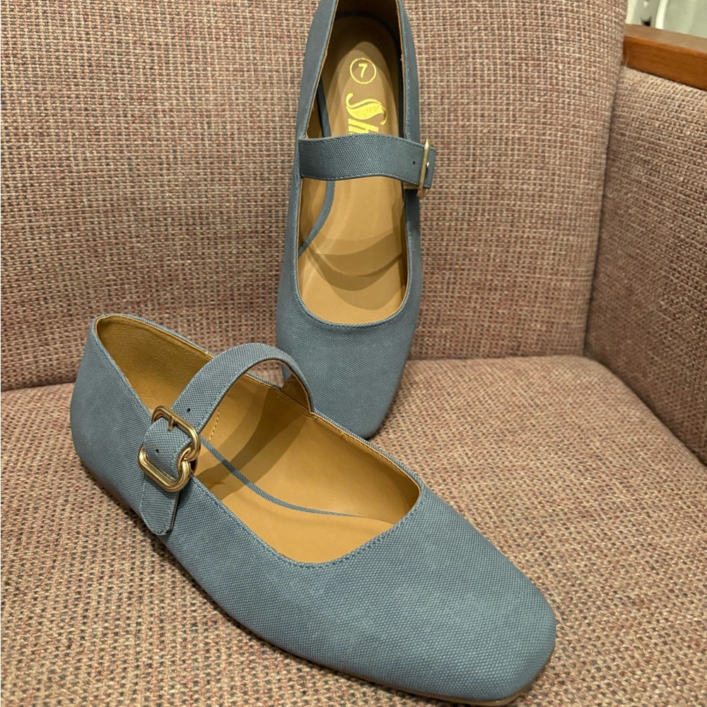 Classic Mary Jane Flats in Slate Blue with Buckle